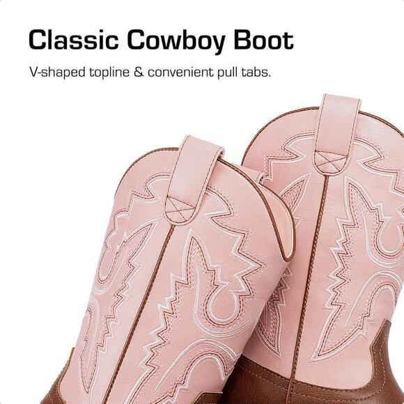 ⚡Girls Pink Brown Cowboy Boots Toddler Mid Calf Western Square Toe Riding Boot - Picture 2 of 6